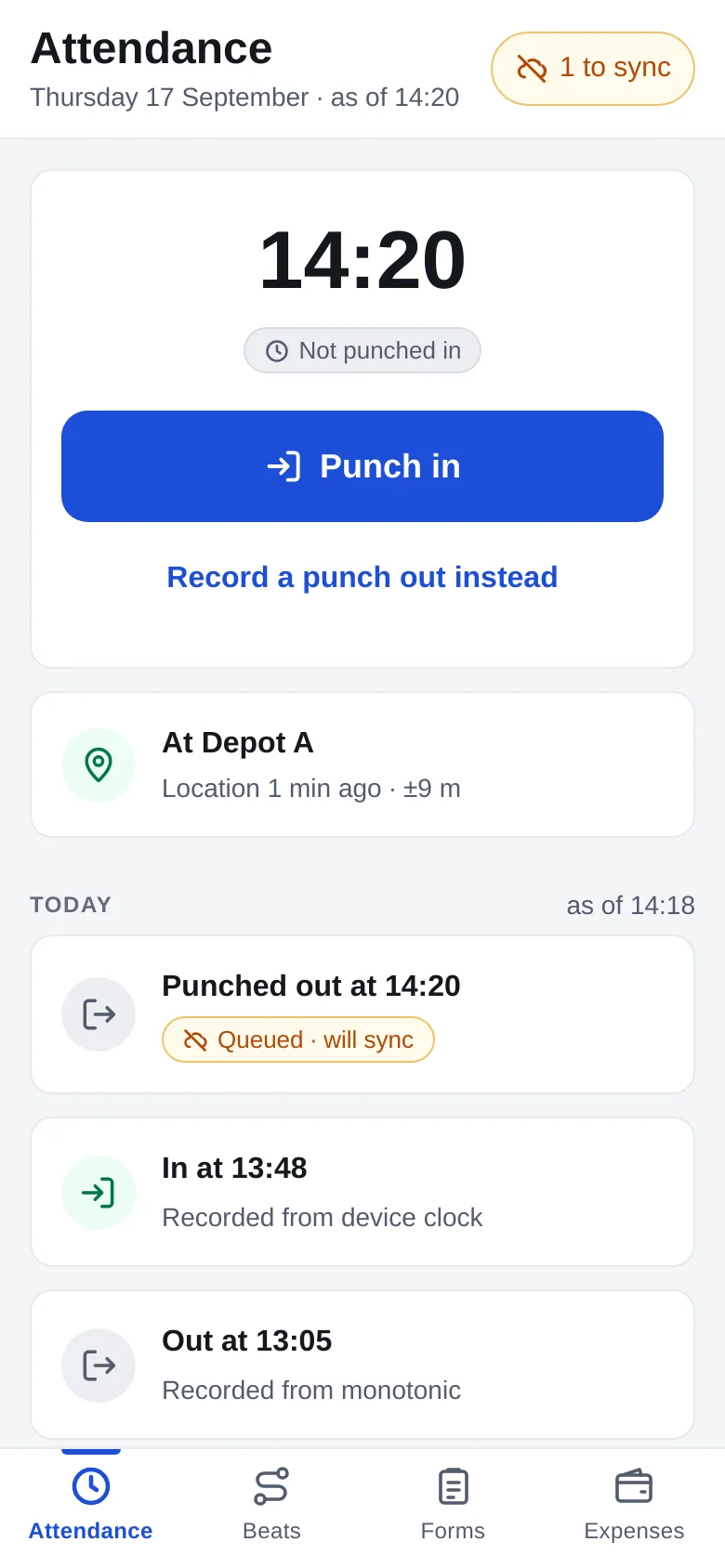 GPStrix Field, Attendance tab: the clock, a Punch in button, the location At Depot A, and today's punches with one queued to sync.