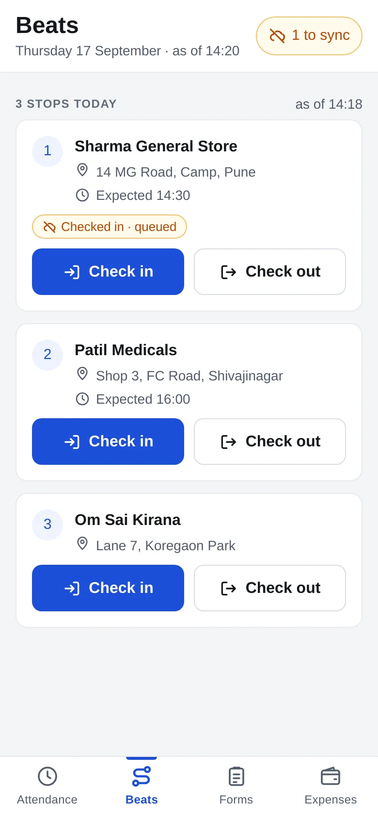 GPStrix Field, Beats tab: three stops for the day in Pune, the first checked in and waiting to sync.