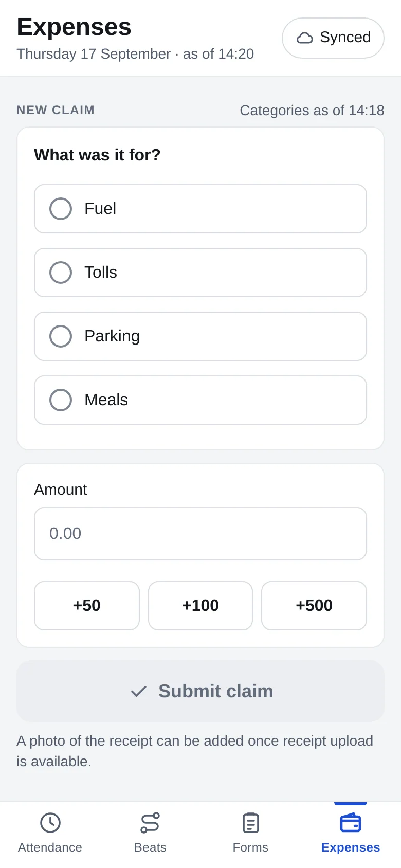 GPStrix Field expenses tab: expense claims with their categories, amounts and approval state.