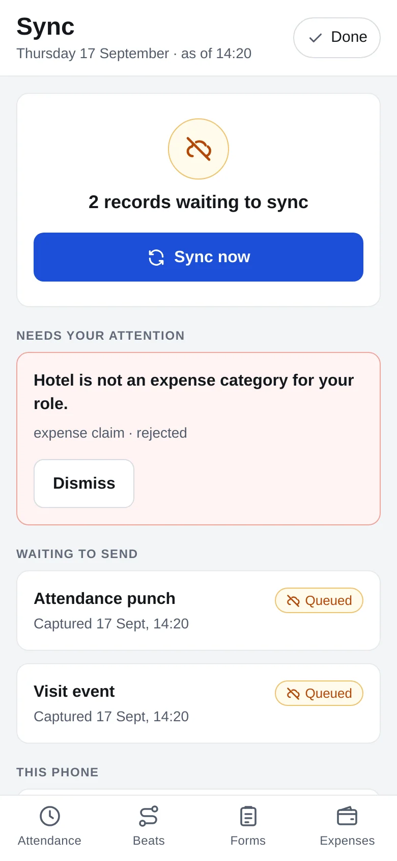 GPStrix Field sync screen: two records waiting to sync, one expense claim returned by the server because Hotel is not a category for the user's role, and a Sync now button.