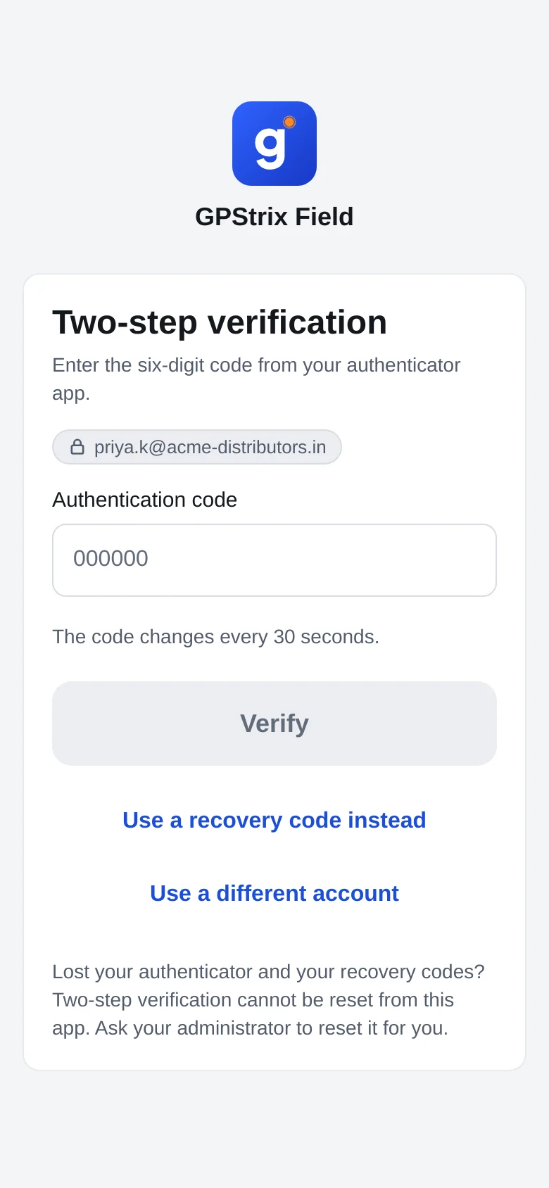 GPStrix Field asking for a six-digit code from an authenticator app, with links to use a recovery code or a different account.
