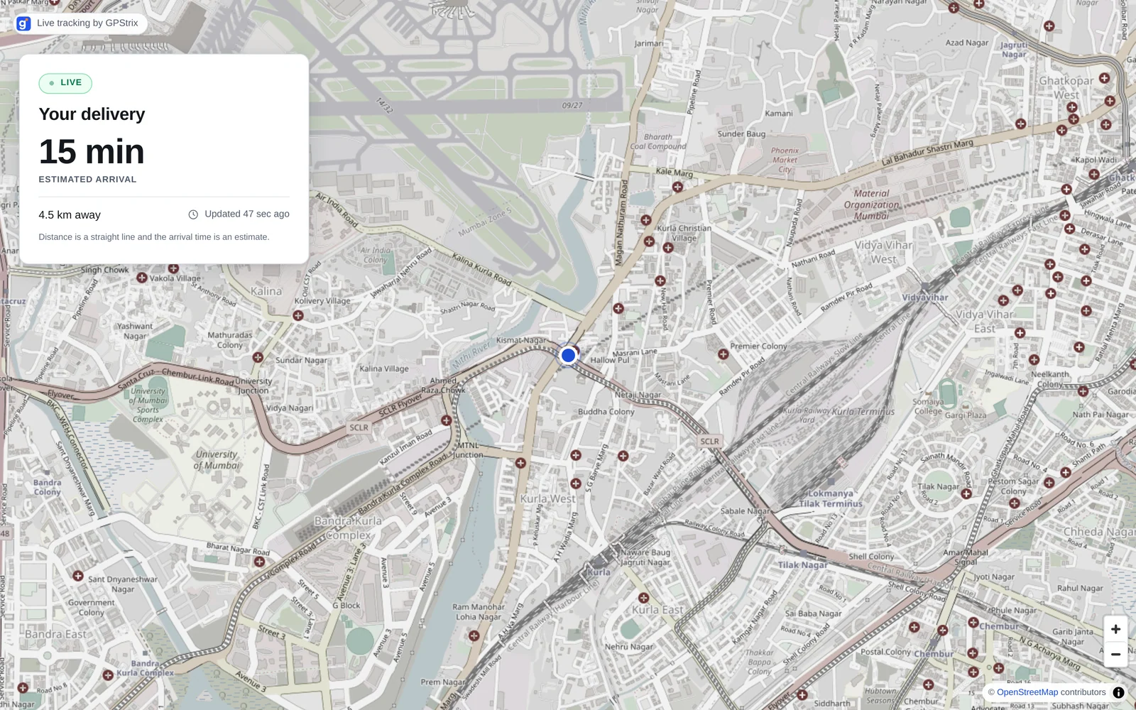 A public tracking link: a map of Kurla, Mumbai with one vehicle marked, and a card reading Your delivery, 15 min estimated arrival, 4.5 km away, updated 47 seconds ago.
